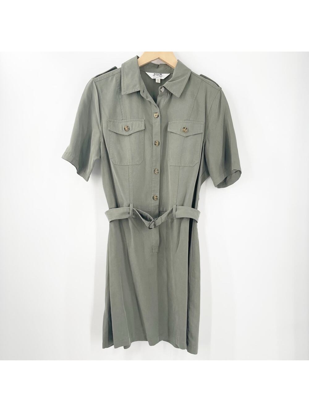MISS SELFRIDGE DENIM Dress Size 10 Khaki Army Green Button Down Belt Mini Shirt